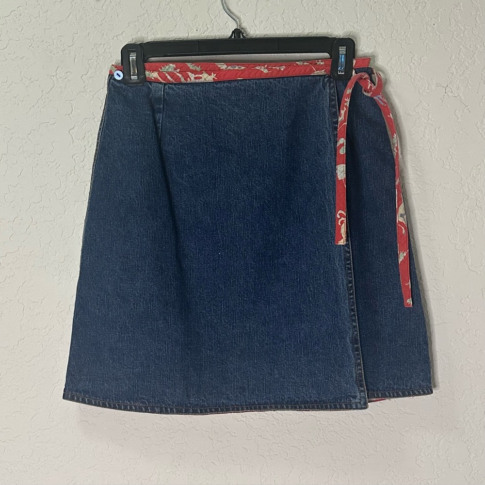 Vintage Denim cowboy print reversible Wrap Skirt with Red Accents